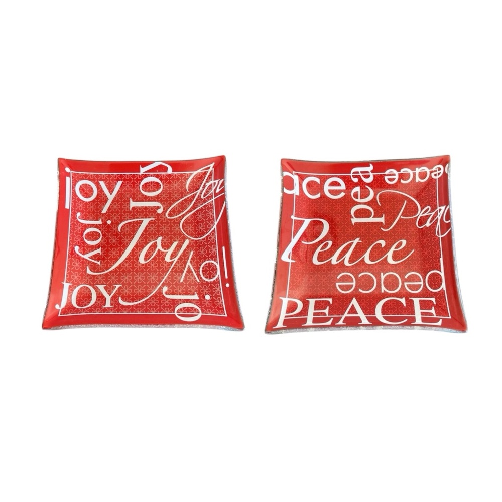 Joy Peace Glass Trinket Tray Candle Dishes 5 Inch Square Holiday Christmas Red